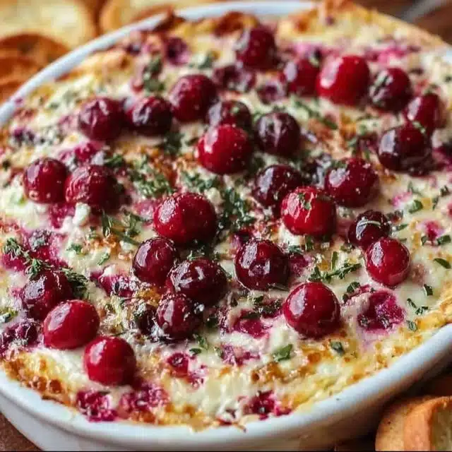 Delicious baked cranberry cream cheese dip served in a dish