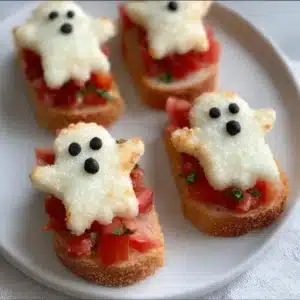 Delicious Boo-schetta, a Halloween-themed appetizer with vibrant toppings