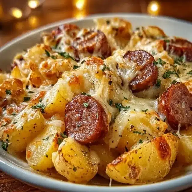 Cheesy ranch potatoes with smoked sausage, a tasty and easy dinner recipe.