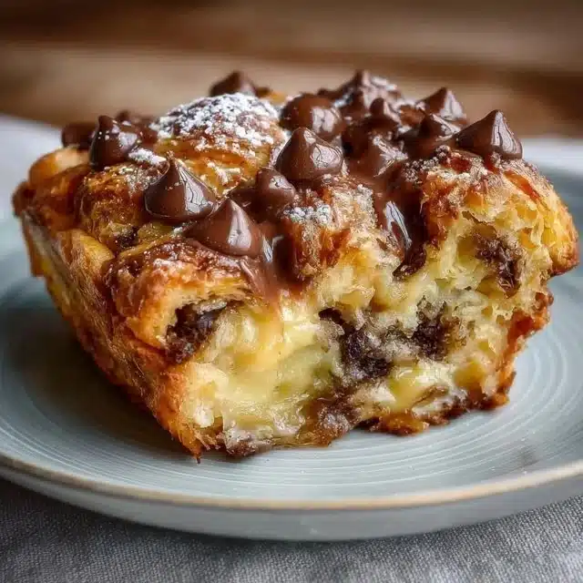 Chocolate croissant breakfast bake topped with melted chocolate and flaky pastry