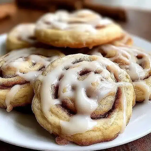 Delicious cinnamon roll cookies with icing on a plate