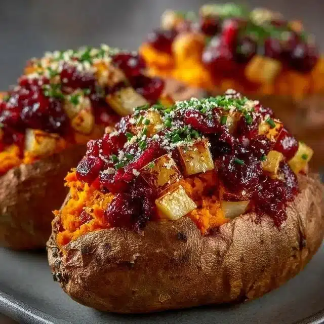 Cranberry apple twice-baked sweet potatoes topped with herbs and spices