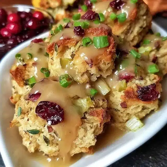 Cranberry & Turkey Stuffing Balls 1 Cranberry and turkey stuffing balls served on a plate for a festive meal