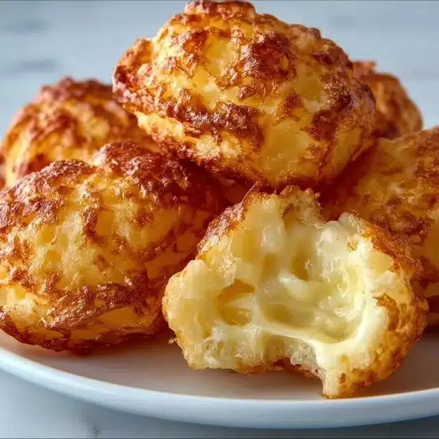 Crispy mashed potato cheese puffs served on a plate.