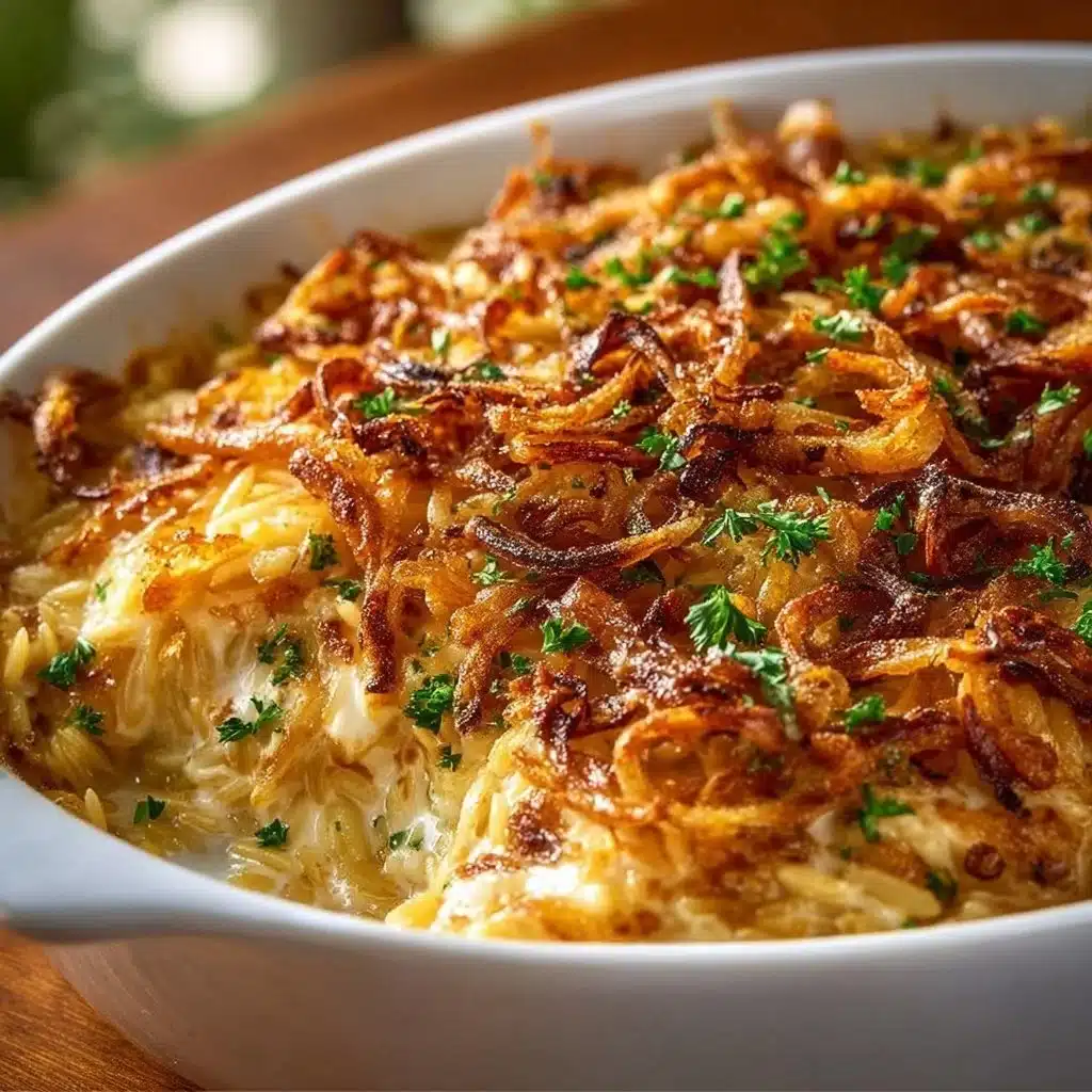 French Onion Chicken Orzo Casserole with melted cheese and herbs