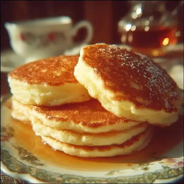 Fluffy homemade pancakes on a plate with syrup and berries, inspired by Grandma's recipe.
