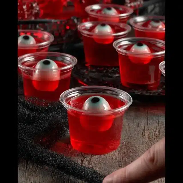Halloween Eyeball Jello Shots 1 Halloween Eyeball Jello Shots served in a spooky setting