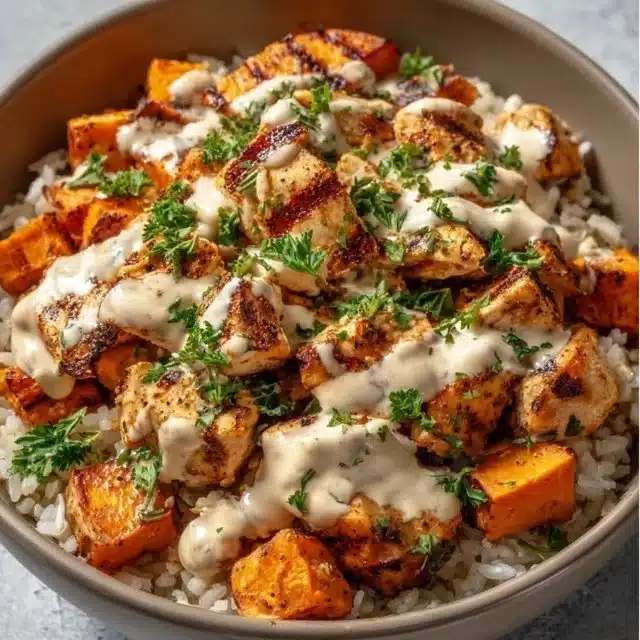 Healthy chicken and sweet potato rice bowl packed with nutrients.