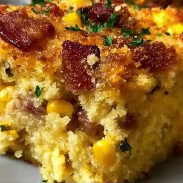 Loaded Cornbread Casserole topped with cheese, jalapeños, and herbs.