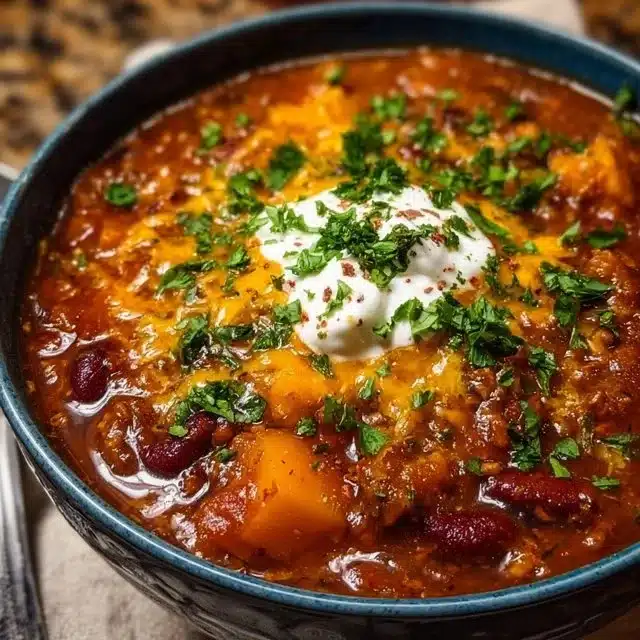 A bowl of hearty pumpkin chili garnished with herbs, showcasing fall flavors.
