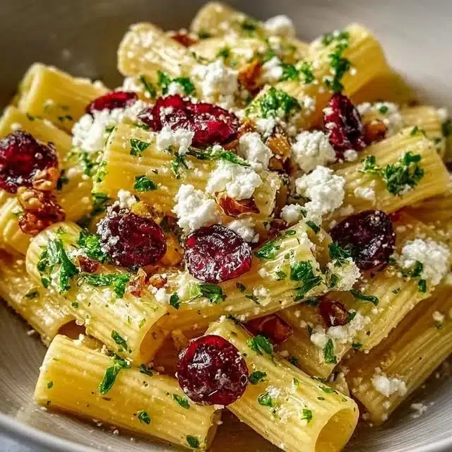 A vibrant rigatoni salad with feta cheese and dried cranberries in a bowl.
