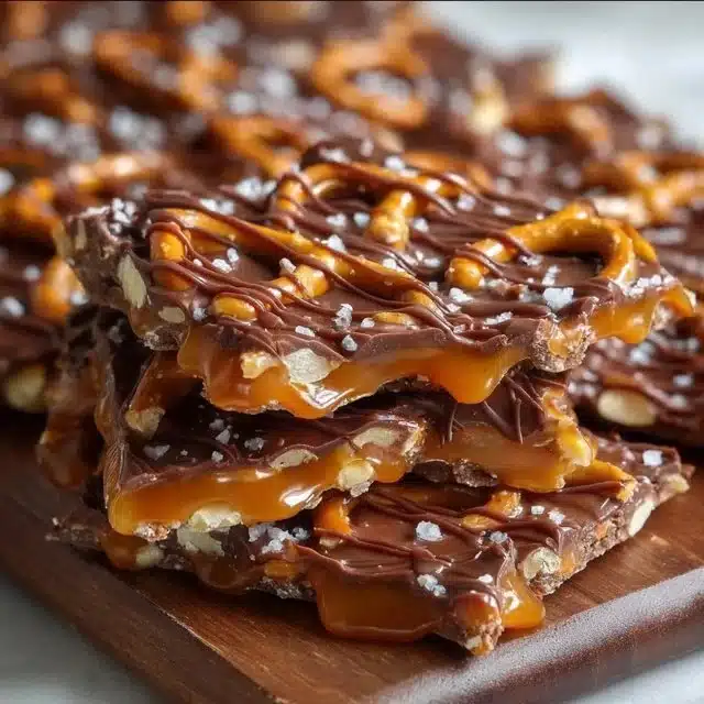 Delicious salted caramel pretzel bark on a white plate