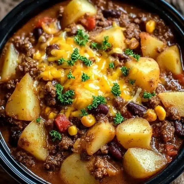 Delicious slow cooker cowboy casserole topped with cheese and herbs