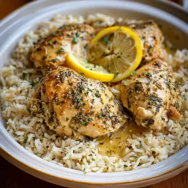 Slow Cooker Lemon Herb Chicken served with fluffy rice on a plate
