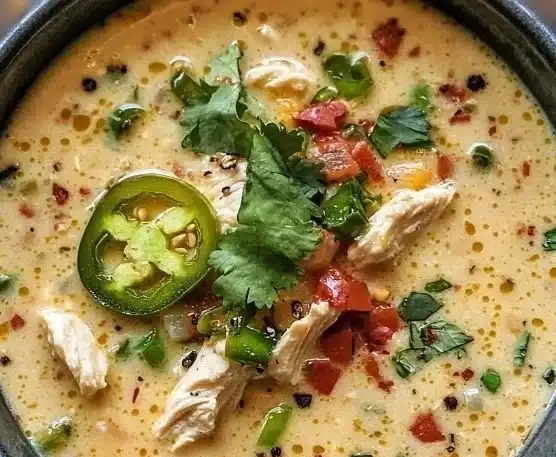 Bowl of spicy jalapeño popper chicken soup garnished with jalapeños and cheese
