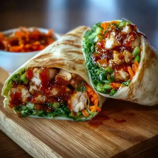 Delicious sweet chili chicken wraps with fresh vegetables and sauce