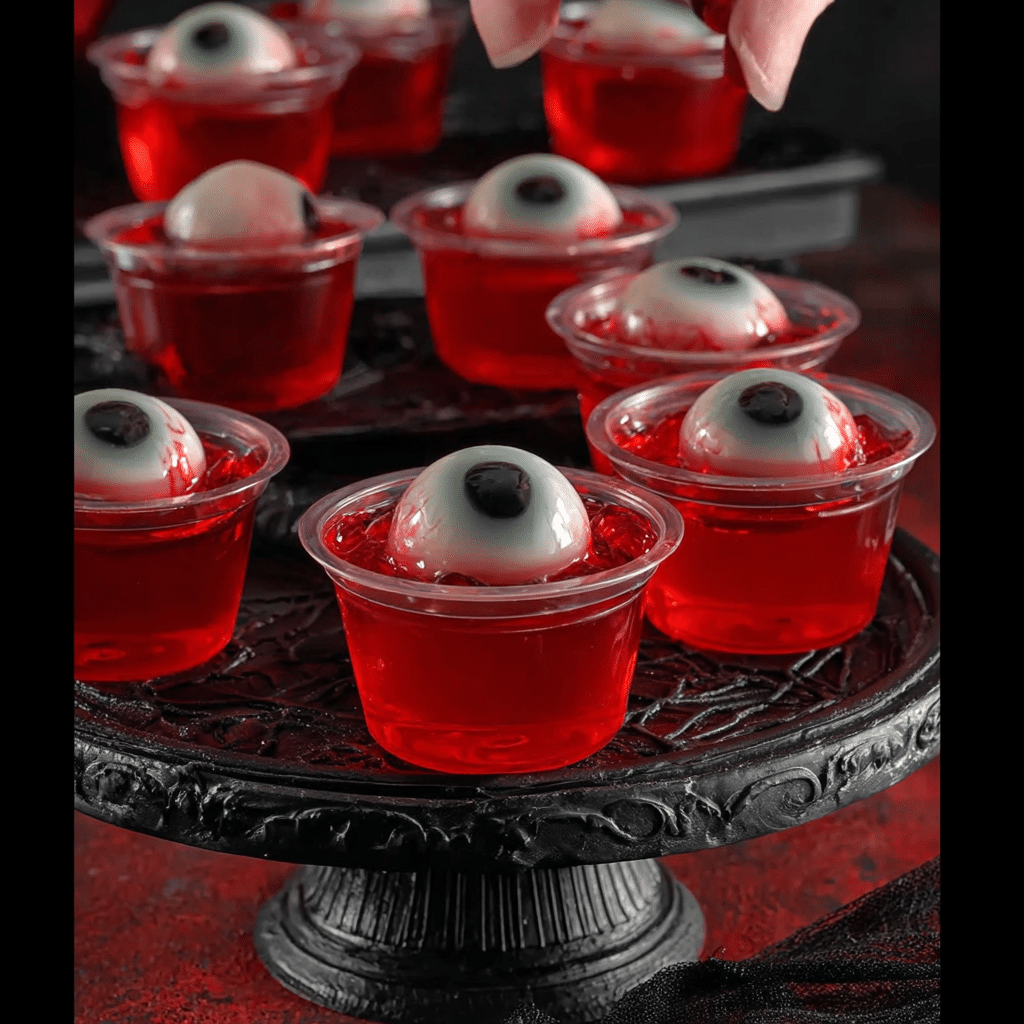 Halloween Eyeball Jello Shots served in a spooky setting