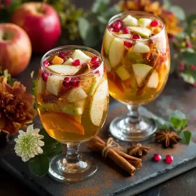 Glass of Apple Cider Sangria garnished with apples and spices.