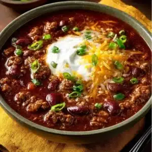 Bowl of award-winning championship chili recipe with toppings.