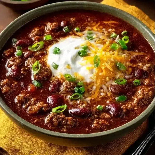 Bowl of award-winning championship chili recipe with toppings.