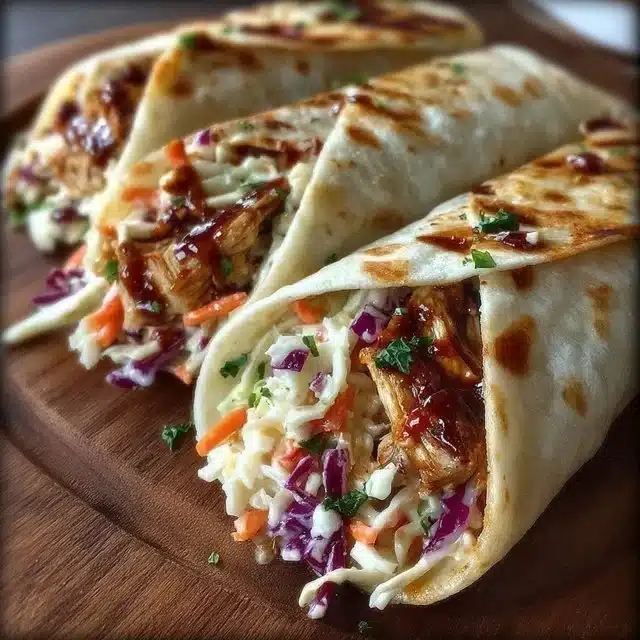 BBQ Chicken Coleslaw Wraps served on a plate with colorful ingredients
