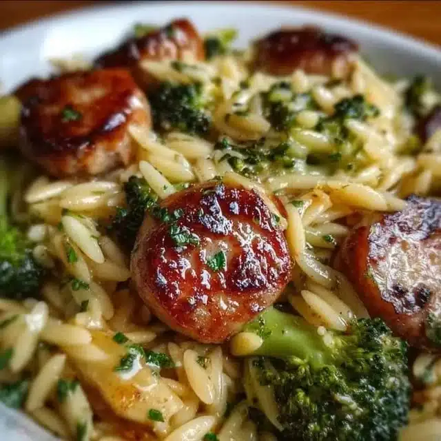 Chicken Sausage and Broccoli Orzo dish served in a bowl