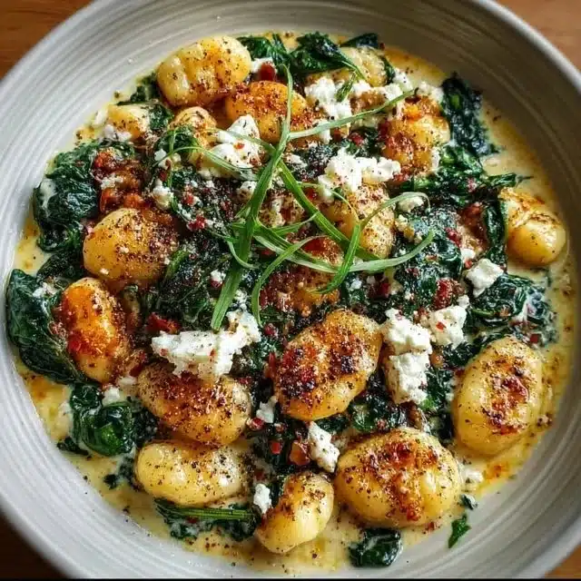 Creamy gnocchi with spinach and feta garnished with herbs