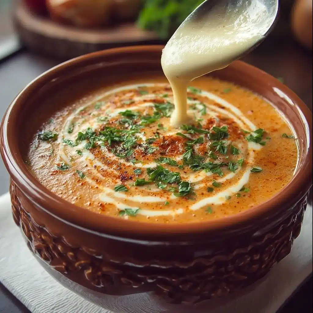 Delicious creamy soup served in a bowl, showcasing rich texture and garnishes