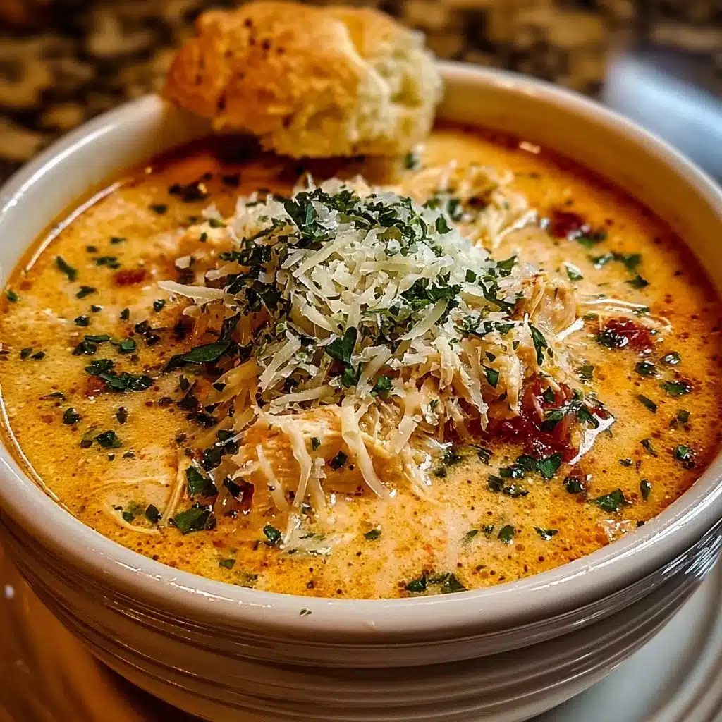 Bowl of creamy chicken parmesan soup made in a crock pot.
