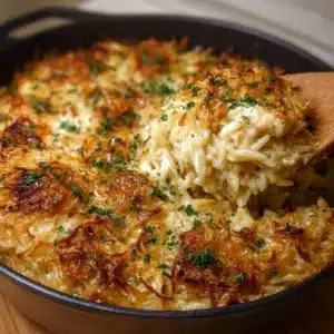 Delicious French onion chicken orzo casserole topped with melted cheese