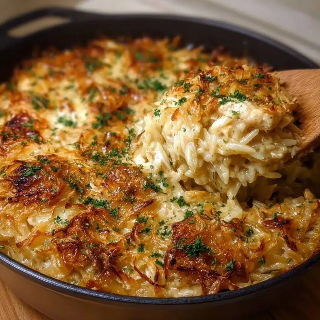 Delicious French onion chicken orzo casserole topped with melted cheese