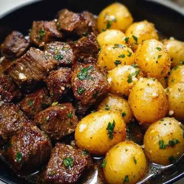 Delicious Garlic Butter Beef Bites served with roasted potatoes