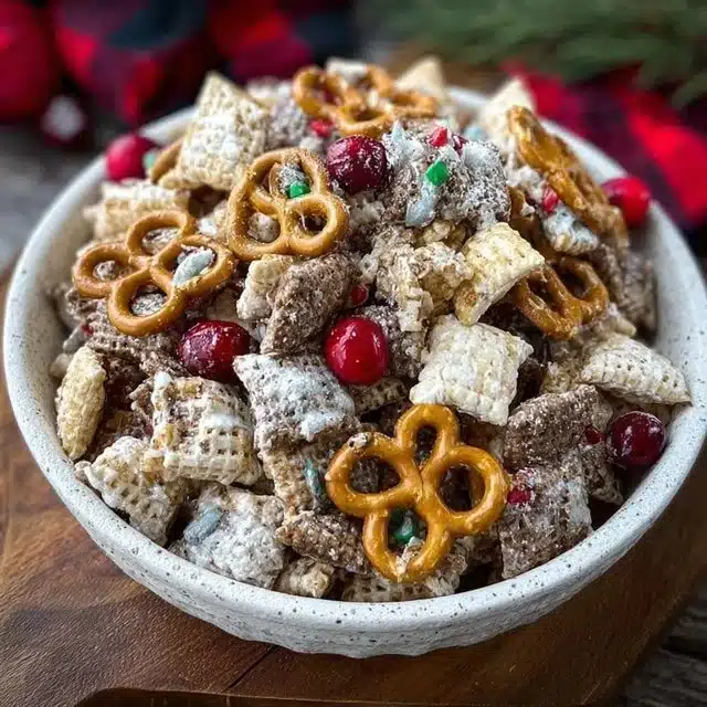 Gluten-free reindeer chow mix with festive ingredients in a bowl