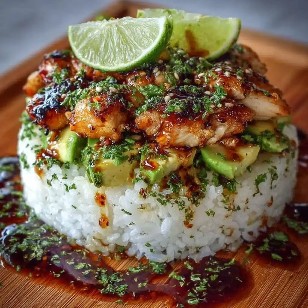 Delicious Honey Lime Chicken & Avocado Rice Stack served on a plate