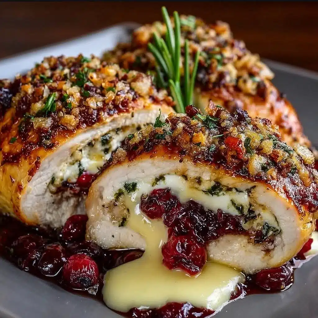 Impressive Cranberry Brie Stuffed Chicken served on a plate with herbs