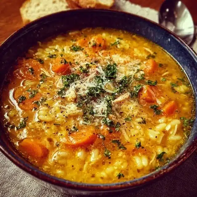 A bowl of Italian Penicillin Soup filled with fresh herbs and vegetables