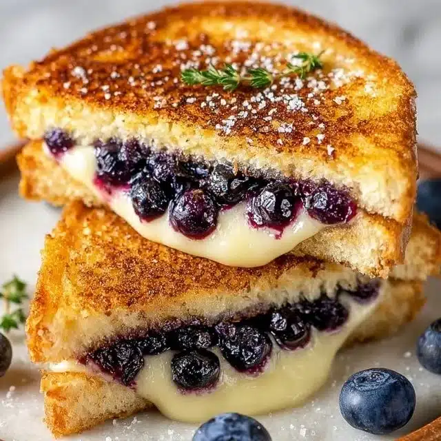 Juicy blueberry grilled cheese sandwich with melty cheese and fresh blueberries