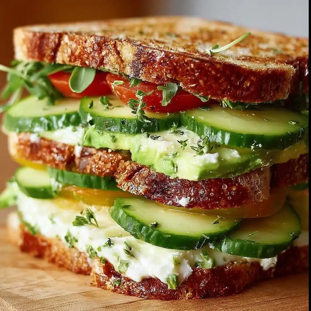 Loaded cucumber avocado sandwich with fresh ingredients and greens
