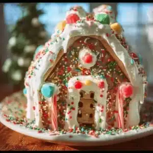 Creative Pop Tart Gingerbread House decorated with colorful icing and candies.