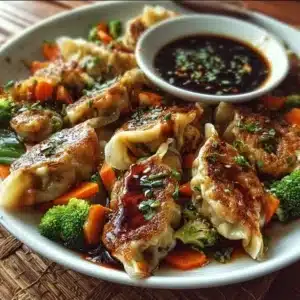 Delicious potsticker stir fry with colorful veggies in a bowl