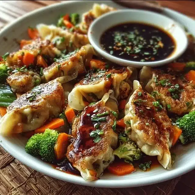 Delicious potsticker stir fry with colorful veggies in a bowl