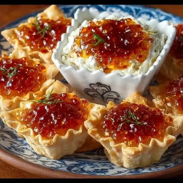 Quick pepper jelly cream cheese dip served as an appetizer