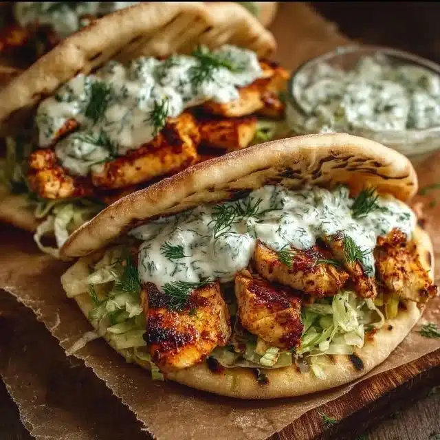 Sheet pan chicken pitas served with herby ranch dressing on a wooden board