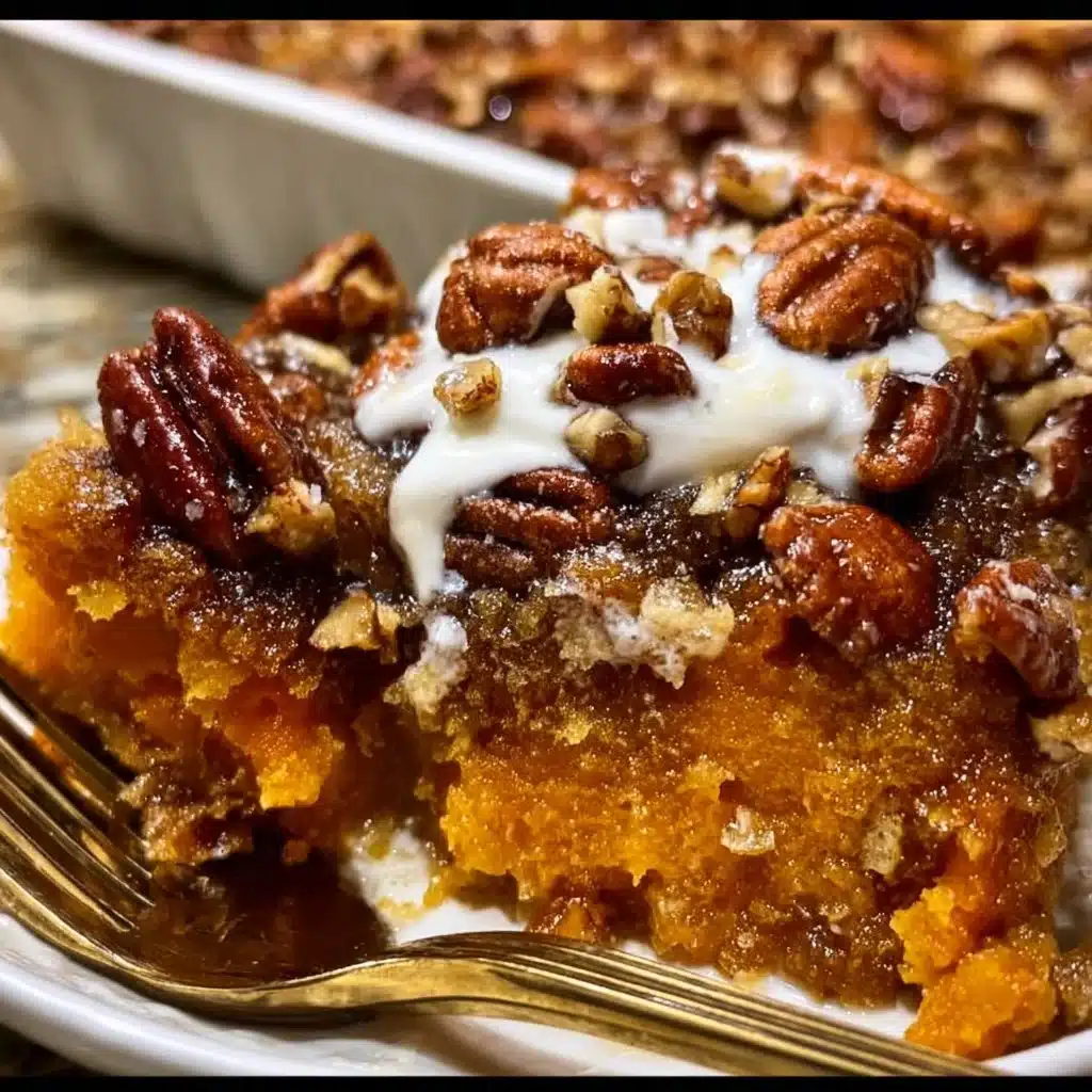 Southern Maple Sweet Potato Casserole topped with pecans and maple syrup