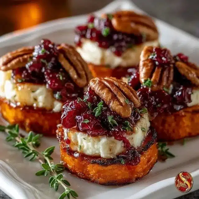 Sweet potato rounds topped with brie cheese, cranberry sauce, and pecans