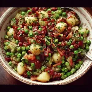 Thanksgiving peas dish with pancetta and pears served on a plate