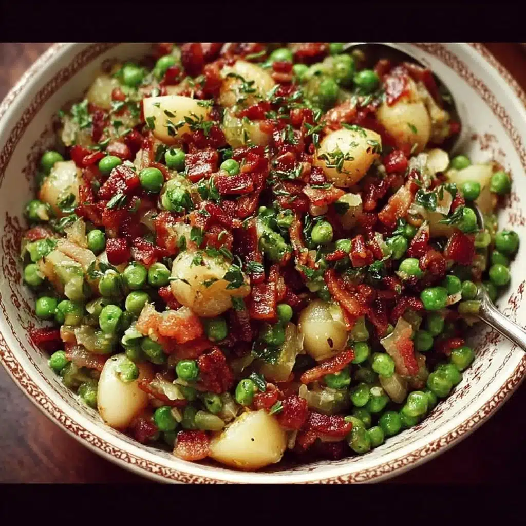 Thanksgiving peas dish with pancetta and pears served on a plate