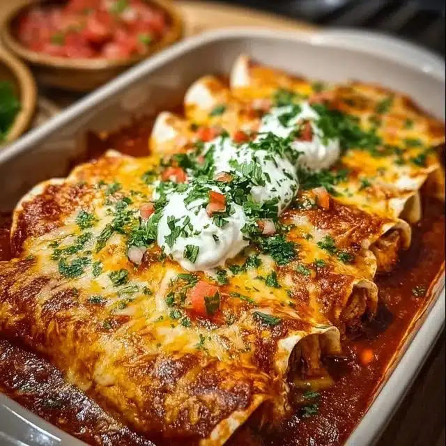 Quick and easy chicken enchiladas on a plate with toppings