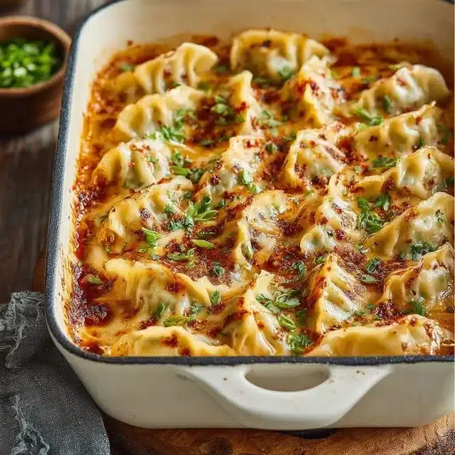 Viral Trader Joe's Dumpling Bake with toppings ready to serve.