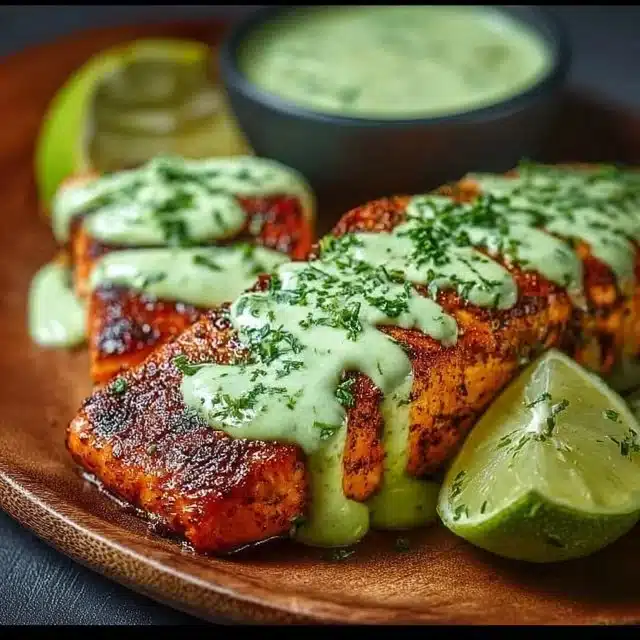 Baked Cajun Salmon garnished with creamy avocado lime sauce on a plate